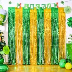 lyubasa 3 pack st. patrick’s day foil fringe curtains st patricks day party decorations 3.3×6.6 ft irish green gold streamer photo booth prop backdrop decor indoor outdoor party supplies for birthday