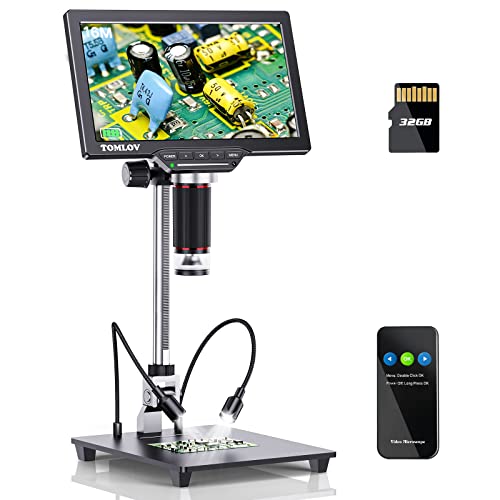 TOMLOV DM201 Pro HDMI Digital Microscope 1200X,10 Inch Stand Included, 7" LCD Digital Microscope,16MP Coin Micro Soldering Microscope with Screen, Windows/Mac OS/TV Compatible,32GB