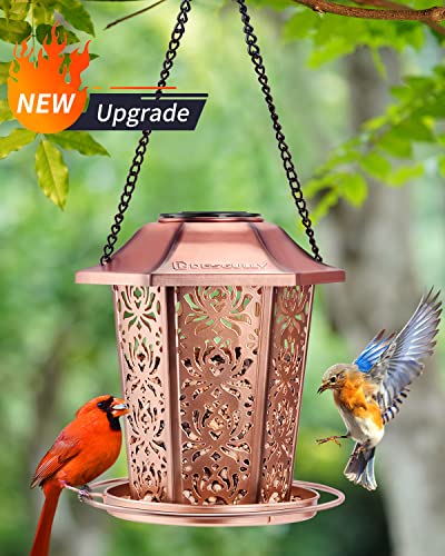 Solar Bird Feeders for Outdoors Hanging - Premium Grade Metal Bird Feeder, Chew-Proof, Weather and Water Resistant Wild Bird feeders, Outside and Garden Decoration (Standard)