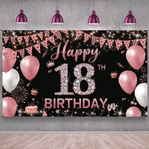 18th Birthday Decorations Backdrop Banner, Happy 18th Birthday Party Decorations for Girls, Rose Gold Birthday Photo Props Backdrop, 18 Year Old Birthday Party Sign Decor Fabric 6.1ft x 3.6ft PHXEY