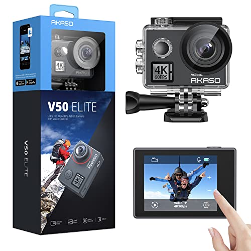 AKASO V50 Elite 4K60fps Touch Screen WiFi Action Camera Voice Control EIS Web Camera 131 feet Waterproof Camera Adjustable View Angle 8X Zoom Remote Control Sports Camera with Helmet Accessories Kit