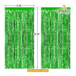 CHRORINE 2pcs 3ft x 8.3ft Green Tinsel Foil Fringe Curtains Streamers Backdrop for Green Birthday Jungle Safari Tropical Party Christmas Decorations