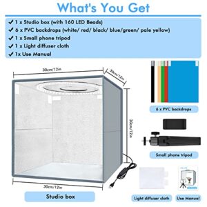 PULLINE Photo Light Box 160 LED 12''x12'' Dimmable Light Box Photography, Portable Photo Studio with Phone Tripod & 6 Backdrops, Folding Shooting Tent Kit for Jewelry/Small Items Product Photography