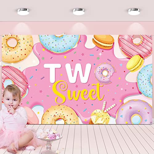 Two Sweet Birthday Backdrop Banner Decoration, Pink Donut 2nd Birthday Party Photography Background Props for Girl Donut Party Donut Grow up Party Candy Party Baby Shower Supplies, 6 x 4 Ft