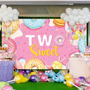 Two Sweet Birthday Backdrop Banner Decoration, Pink Donut 2nd Birthday Party Photography Background Props for Girl Donut Party Donut Grow up Party Candy Party Baby Shower Supplies, 6 x 4 Ft