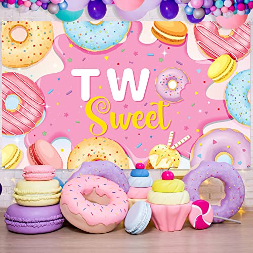 Two Sweet Birthday Backdrop Banner Decoration, Pink Donut 2nd Birthday Party Photography Background Props for Girl Donut Party Donut Grow up Party Candy Party Baby Shower Supplies, 6 x 4 Ft