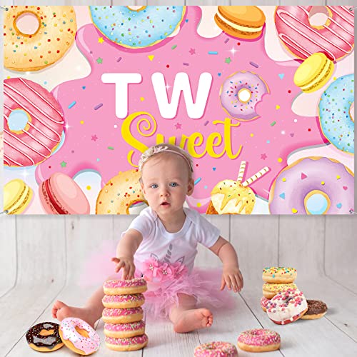 Two Sweet Birthday Backdrop Banner Decoration, Pink Donut 2nd Birthday Party Photography Background Props for Girl Donut Party Donut Grow up Party Candy Party Baby Shower Supplies, 6 x 4 Ft