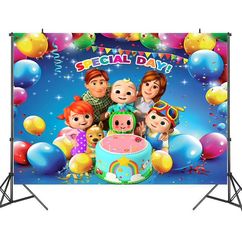 85x60 inches Cocomelon Backdrop Birthday Banner Party Decorations 7x5 ft Coco Melon Cartoon Happy Birthday Supplies Special Day Background For Multi Occasions