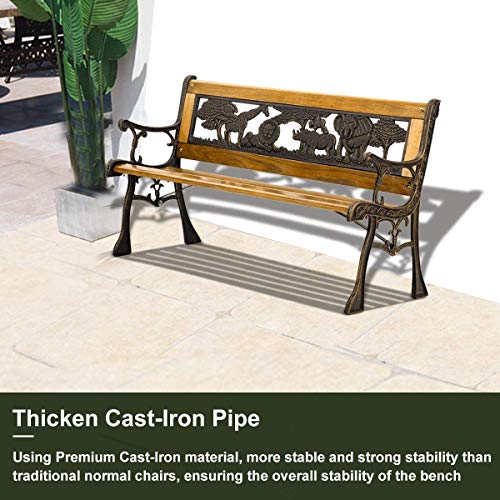 Tffnew Kids Mini Sized Park Outdoor Bench for Outside Clearance Garden Bench Antique Animals Style Wooden Patio Bench with Armrests Sturdy Steel Frame Furniture for 1-3 Teenagers Children Kids