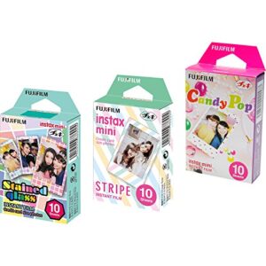 fujifilm instax mini instant film 3 pack bundle (30 sheets) with stained glass, candy pop & stripe instant film