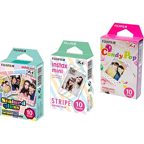 Fujifilm Instax Mini Instant Film 3 Pack Bundle (30 Sheets) with Stained Glass, Candy Pop & Stripe Instant Film