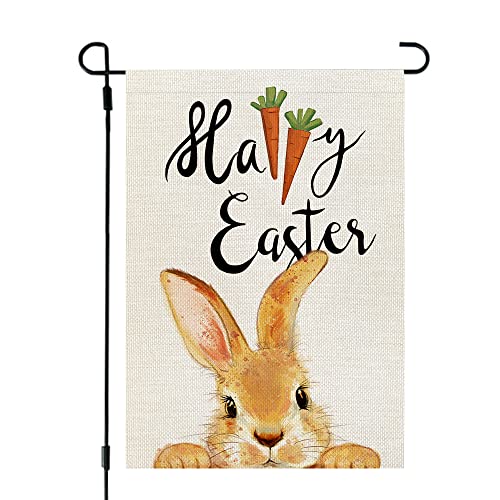 CROWNED BEAUTY Happy Easter Bunny Garden Flag 12x18 Inch Double Sided for Outside Burlap Small Yard Holiday Decoration CF697-12