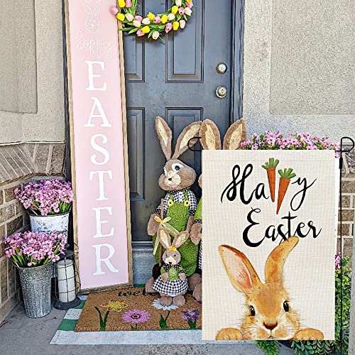 CROWNED BEAUTY Happy Easter Bunny Garden Flag 12x18 Inch Double Sided for Outside Burlap Small Yard Holiday Decoration CF697-12