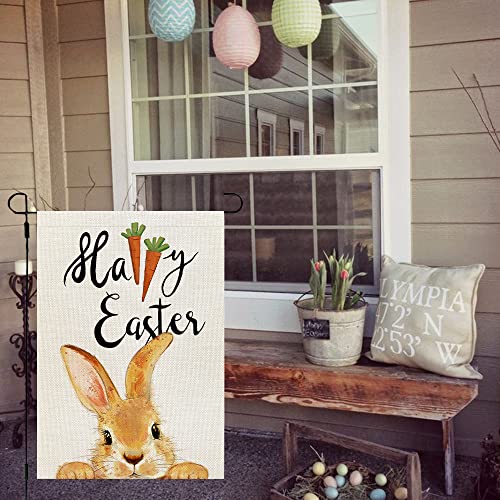 CROWNED BEAUTY Happy Easter Bunny Garden Flag 12x18 Inch Double Sided for Outside Burlap Small Yard Holiday Decoration CF697-12