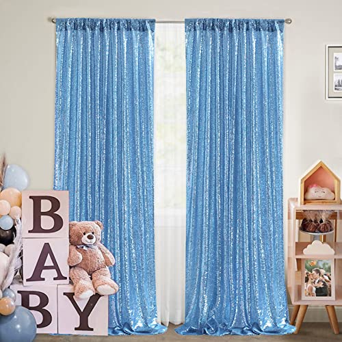 Baby Blue Sequin Backdrop 2 Panels 2FTx8FT Party Backdrop Curtains Glitter Birthday Bridal Curtains Sparkle Photo Backdrop