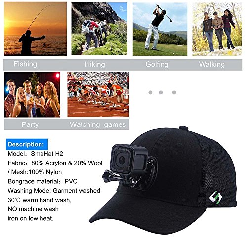 Smatree Baseball Hat Mount Mesh Cap Compatible with Gopro Hero 11/10/9/8/7/6/5/5 Session/4/3+/3/2/1/DJI OSMO Action Cameras, Wool Material (L 58-60cm) Black