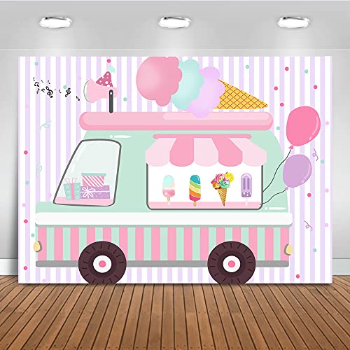 Mocsicka Ice Cream Birthday Party Backdrop Ice Cream Truck Birthday Party Background Ice Cream Shop Girls Birthday Party Cake Table Decoration Photo Booth Props (7x5ft)