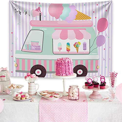 Mocsicka Ice Cream Birthday Party Backdrop Ice Cream Truck Birthday Party Background Ice Cream Shop Girls Birthday Party Cake Table Decoration Photo Booth Props (7x5ft)