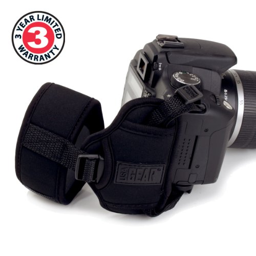USA GEAR Professional Camera Grip Hand Strap with Black Neoprene Design and Metal Plate - Compatible with Canon , Fujifilm , Nikon , Sony and more DSLR , Mirrorless , Point & Shoot Cameras
