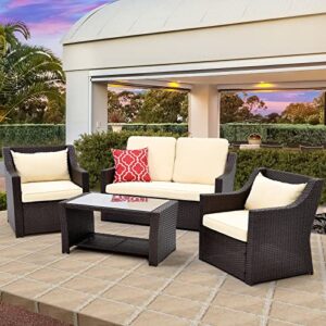 yitahome 2 pieces patio wicker chairs rattan outdoor furniture set cushion & high back, all weather garden dinning bistro chair outside conversation sets for backyard porch poolside (beige)