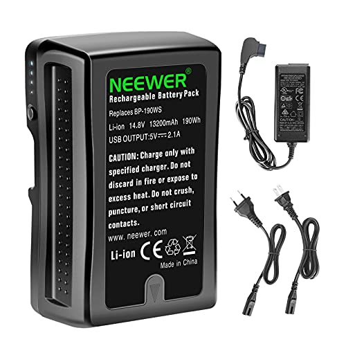 Neewer 190Wh (13200mAh) V-Mount/V-Lock Battery, 14.8V Rechargeable Li-ion Battery with D-Tap Output Charger and D-Tap Cable Compatible with Sony Video Broadcast Camera Camcorder LED Light (BP-190WS)