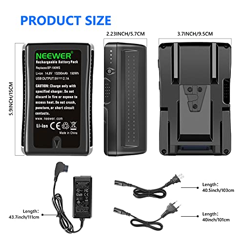 Neewer 190Wh (13200mAh) V-Mount/V-Lock Battery, 14.8V Rechargeable Li-ion Battery with D-Tap Output Charger and D-Tap Cable Compatible with Sony Video Broadcast Camera Camcorder LED Light (BP-190WS)