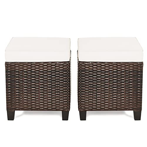 RELAX4LIFE 2-Piece Patio Ottoman Set - Wicker Footstools, All Weather PE Rattan Ottoman with Removable Cushions, Square Footrest Seat, Outdoor Stools for Garden, Porch, Pouf Ottoman (Cream)