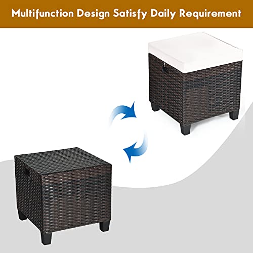 RELAX4LIFE 2-Piece Patio Ottoman Set - Wicker Footstools, All Weather PE Rattan Ottoman with Removable Cushions, Square Footrest Seat, Outdoor Stools for Garden, Porch, Pouf Ottoman (Cream)