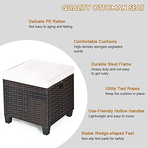 RELAX4LIFE 2-Piece Patio Ottoman Set - Wicker Footstools, All Weather PE Rattan Ottoman with Removable Cushions, Square Footrest Seat, Outdoor Stools for Garden, Porch, Pouf Ottoman (Cream)