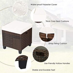 RELAX4LIFE 2-Piece Patio Ottoman Set - Wicker Footstools, All Weather PE Rattan Ottoman with Removable Cushions, Square Footrest Seat, Outdoor Stools for Garden, Porch, Pouf Ottoman (Cream)