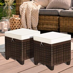 RELAX4LIFE 2-Piece Patio Ottoman Set - Wicker Footstools, All Weather PE Rattan Ottoman with Removable Cushions, Square Footrest Seat, Outdoor Stools for Garden, Porch, Pouf Ottoman (Cream)