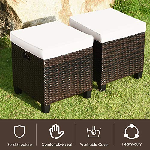 RELAX4LIFE 2-Piece Patio Ottoman Set - Wicker Footstools, All Weather PE Rattan Ottoman with Removable Cushions, Square Footrest Seat, Outdoor Stools for Garden, Porch, Pouf Ottoman (Cream)