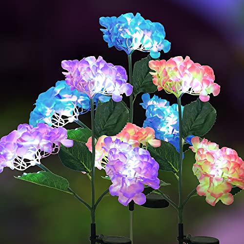 Solar Outdoor Lights Decorative, Solar Garden Lights Outdoor Waterproof, Realistic Hydrangea Flower Lights, Solar Yard Lights Garden Decor for Outside 3 Pack