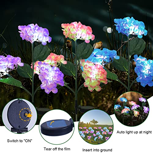 Solar Outdoor Lights Decorative, Solar Garden Lights Outdoor Waterproof, Realistic Hydrangea Flower Lights, Solar Yard Lights Garden Decor for Outside 3 Pack