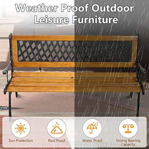 Giantex 50'' Patio Bench, Outdoor Furniture Cast Iron Hardwood Frame Porch Loveseat, Weather Proof Porch Path Chair for 2 Person Outside Bench