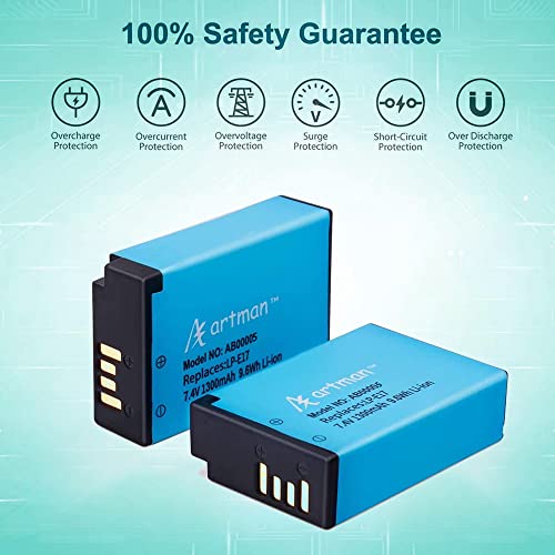 Artman 2-Pack LP-E17 Batteries and Rapid Dual USB Charger for Canon EOS RP, EOS R10,Rebel T8i, T7i, T6i, T6s, SL2, SL3, EOS M3, M5, M6, EOS 200D, 77D, 750D, 760D, 800D, 8000D, Digital SLR Camera