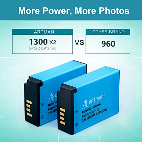 Artman 2-Pack LP-E17 Batteries and Rapid Dual USB Charger for Canon EOS RP, EOS R10,Rebel T8i, T7i, T6i, T6s, SL2, SL3, EOS M3, M5, M6, EOS 200D, 77D, 750D, 760D, 800D, 8000D, Digital SLR Camera