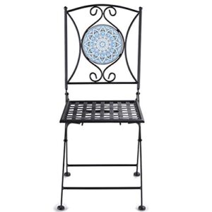 the lakeside collection metal folding patio chair with decorative tile mosaic – black
