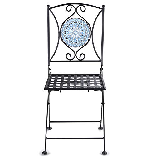 The Lakeside Collection Metal Folding Patio Chair with Decorative Tile Mosaic - Black