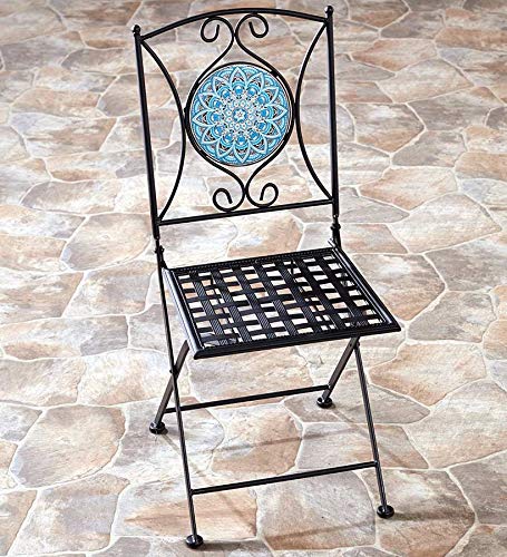 The Lakeside Collection Metal Folding Patio Chair with Decorative Tile Mosaic - Black