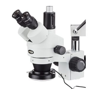 AmScope SM-4TZ-144A Professional Trinocular Stereo Zoom Microscope, WH10x Eyepieces, 3.5X-90X Magnification, 0.7X-4.5X Zoom Objective, Four-Zone LED Ring Light, Double-Arm Boom Stand, 110V-240V, Includes 0.5X and 2.0X Barlow Lens