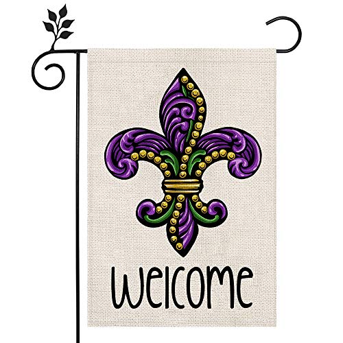 CROWNED BEAUTY Mardi Gras Fleur de Lis Welcome Garden Flag 12×18 Inch Small Beads New Orleans Vertical Double Sided Flag for Outside Yard Carnival Celebration Farmhouse Décor CF033-12