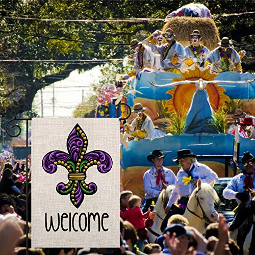 CROWNED BEAUTY Mardi Gras Fleur de Lis Welcome Garden Flag 12×18 Inch Small Beads New Orleans Vertical Double Sided Flag for Outside Yard Carnival Celebration Farmhouse Décor CF033-12