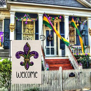 CROWNED BEAUTY Mardi Gras Fleur de Lis Welcome Garden Flag 12×18 Inch Small Beads New Orleans Vertical Double Sided Flag for Outside Yard Carnival Celebration Farmhouse Décor CF033-12