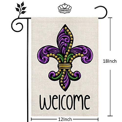 CROWNED BEAUTY Mardi Gras Fleur de Lis Welcome Garden Flag 12×18 Inch Small Beads New Orleans Vertical Double Sided Flag for Outside Yard Carnival Celebration Farmhouse Décor CF033-12