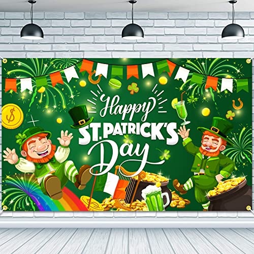 JKQ Happy St. Patrick's Day Backdrop Banner 71 x 43 Inch Large Size Saint Patrick's Day Background Banner Shamrock St. Patty's Day Party Decorations Irish Lucky Day Indoor Outdoor Photo Booth Props