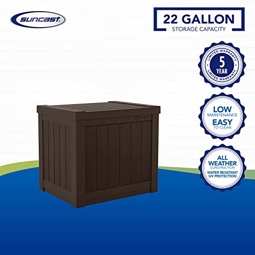 Suncast 22-Gallon Small Deck Box - Lightweight Resin Outdoor Storage Deck Box and Seat for Patio Cushions, Gardening Tools and Toys - Java Brown