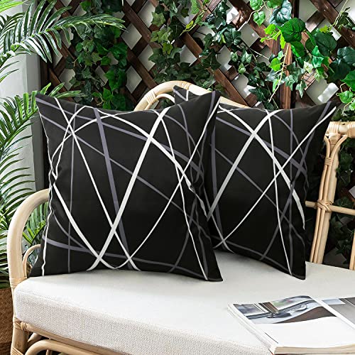 JASEN Set of 2 Outdoor Waterproof Throw Pillow Covers Black and White Striped Decorative Pillow for Patio Garden Sofa Chairs 18x18 inch