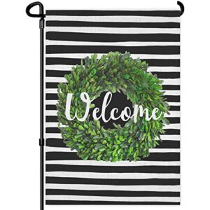 hosnye boxwood wreath welcome garden flag 12×18 inch vertical double sided black and white stripes background garden flags rustic farmhouse yard outdoor decoration