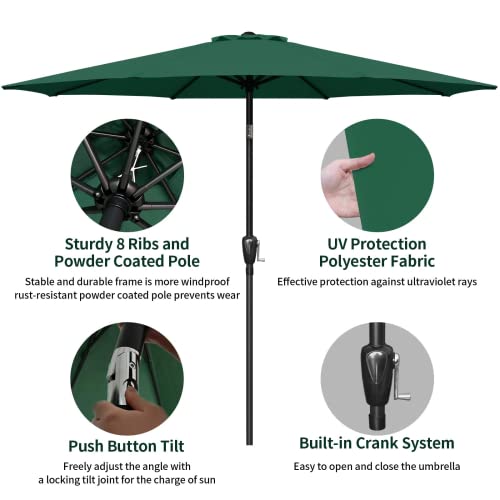 Simple Deluxe Patio Umbrella Outdoor, UV Protection Sunshade with Push Button Tilt/Crank and 8 Sturdy Ribs, for Table Garden Lawn Beach Pool, 9 FT, Green 1-pack-NEW